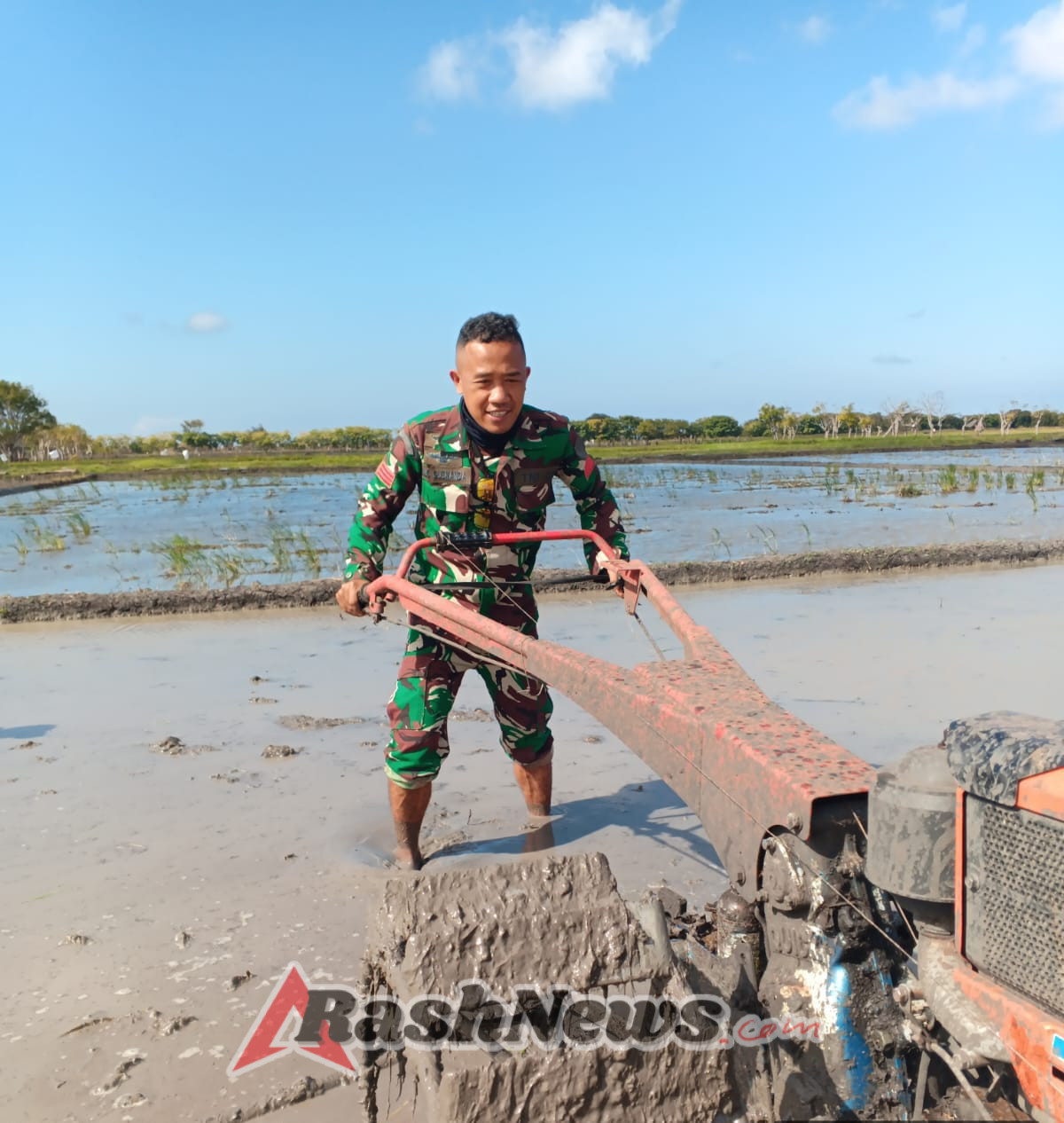 Babinsa dan Petani Bersatu, Sawah di Tanaraing Dibajak Gunakan Mesin Traktor