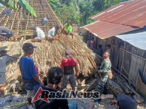 Dukung Pelestarian Budaya, Anggota Satgaster Pos Halibete II Bantu Atap Rumah Adat