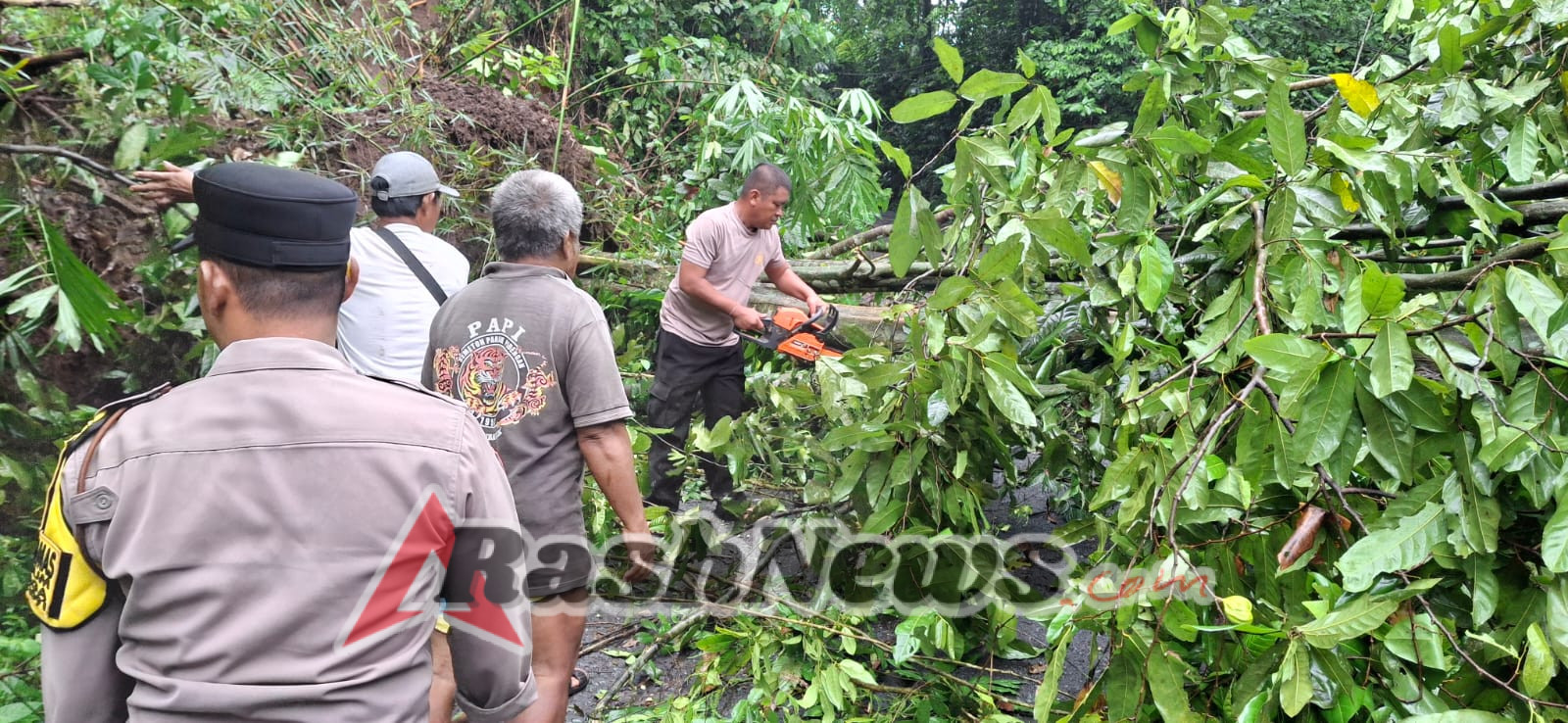 Piket Polsek Marga Bersama Bhabinkamtibmas Desa Selanbawak Bantu Warga Evakuasi Pohon Tumbang