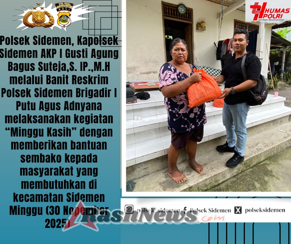 Melalui Giat Minggu Kasih, Polsek Sidemen Bagikan Sembako Kepada Warga Kurang Mampu
