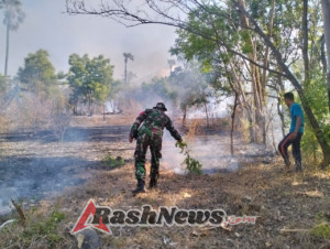 Babinsa Koramil 1623-08/Kubu  bergerak cepat padamkan api kebakaran lahan.