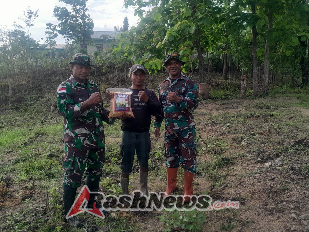 Kolaborasi Satgaster Pos Halibete I dan Pos Halibete II Berikan Bantuan Bibit Jagung Kepada Petani