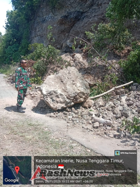 Babinsa 1626/Aimere Cek Kerusakan Akibat Longsor yang Ganggu Mobilitas Warga Inerie–Golewa Selatan