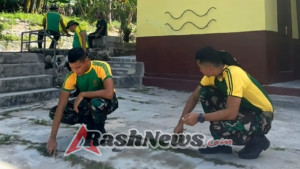 Peduli Lingkungan, Satgas Pamtas Rawat Halaman Gereja Katolik Paroki Alas