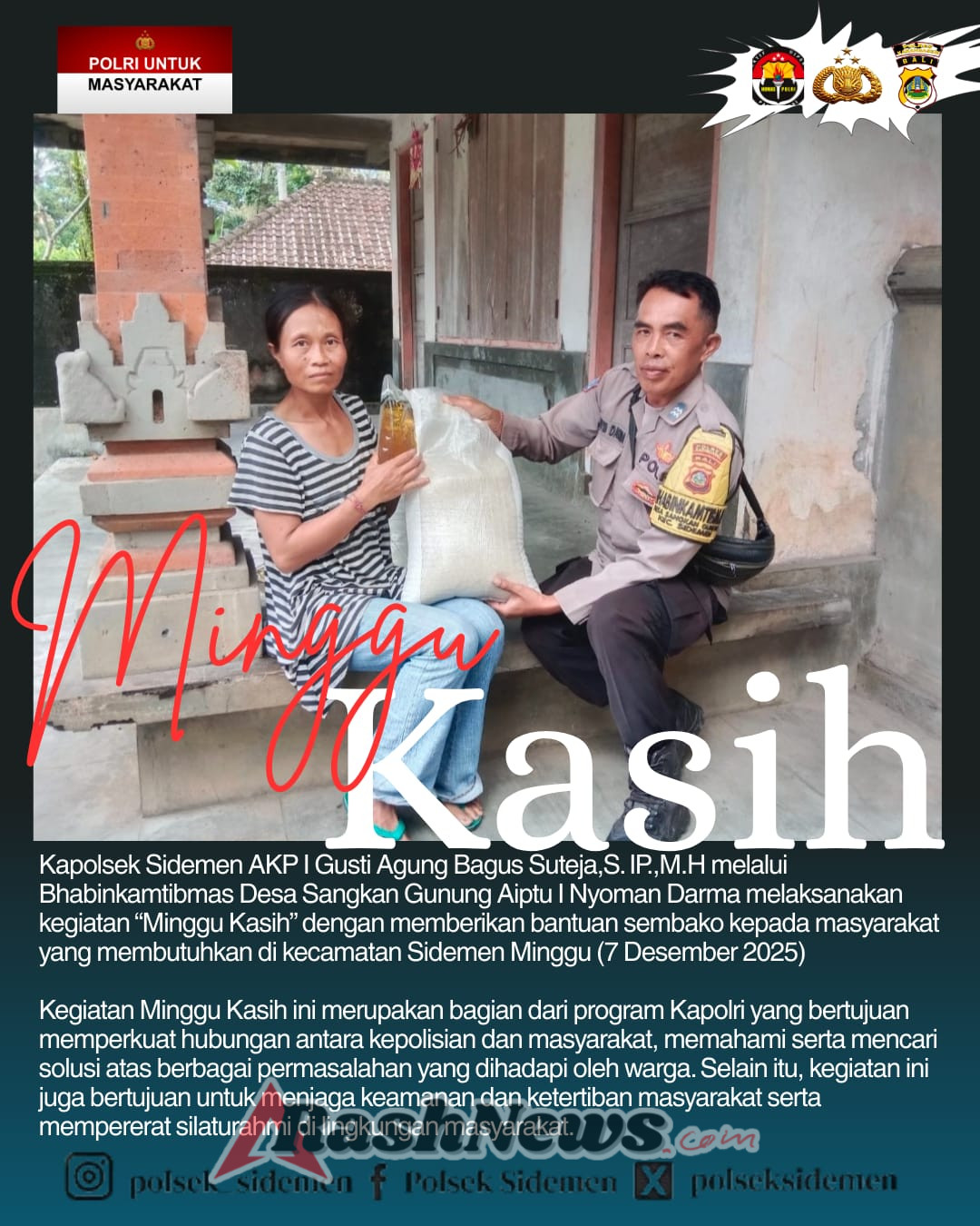 Melalui Giat Minggu Kasih, Polsek Sidemen Bagikan Sembako Kepada Warga Kurang Mampu