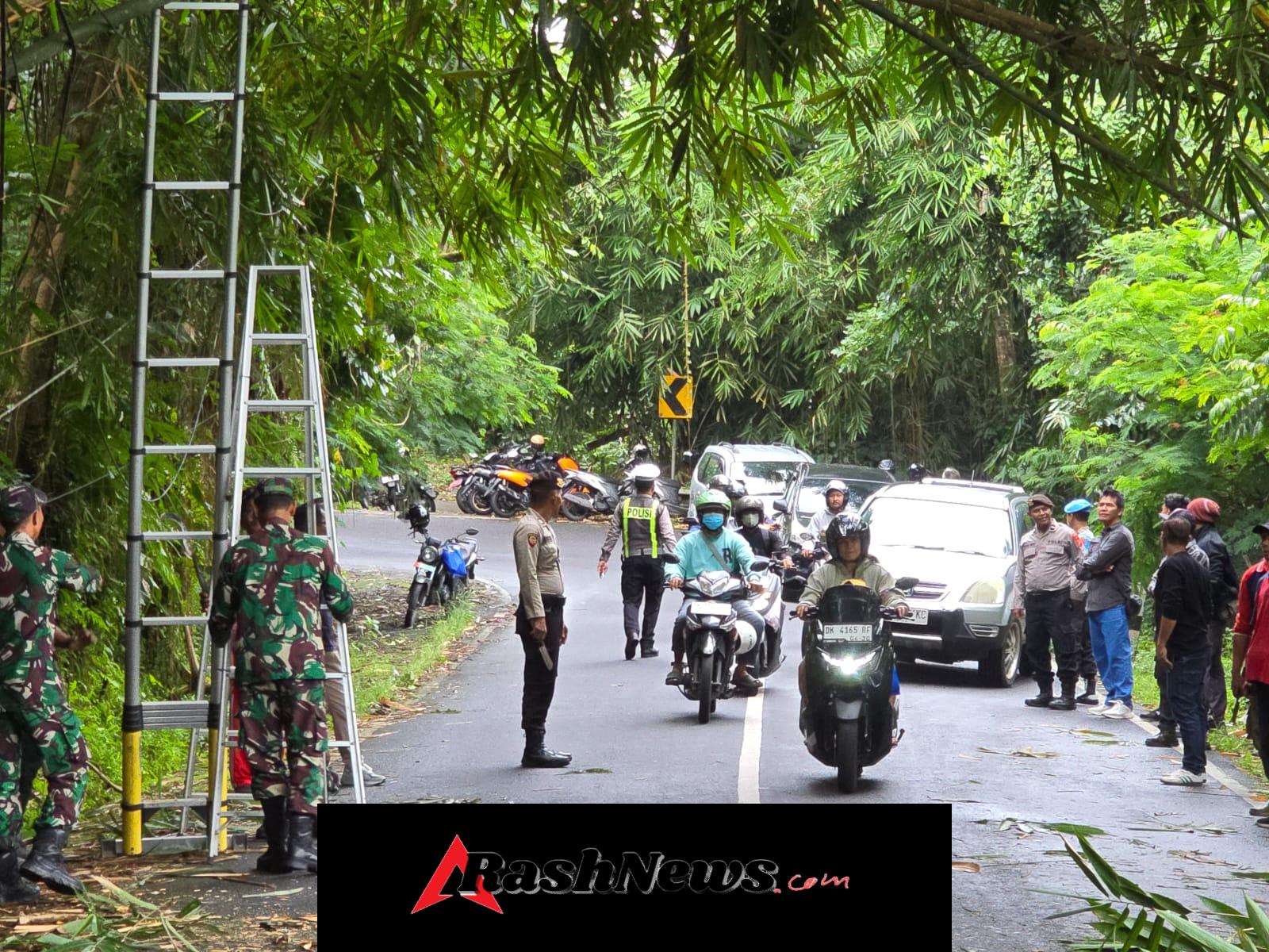 Polsek Tembuku Atensi Keselamatan Jalan, Amankan Pembersihan Pohon Bambu di Jalan Raya Besakih