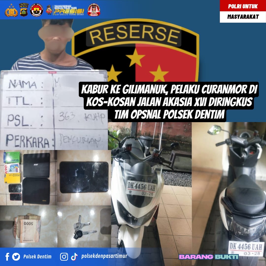 Kabur ke Gilimanuk, Pelaku Curanmor di Kos-kosan Jalan Akasia XVI Diringkus Tim Opsnal Polsek Dentim