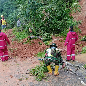 Jalur KM 23 Tertutup Longsor, Babinsa Koramil 1612-01/Ruteng Bergerak Cepat Koordinasi BPBD