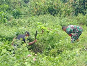 Babinsa dan Masyarakat Bersinergi Bersihkan Lingkungan Desa Mausambi